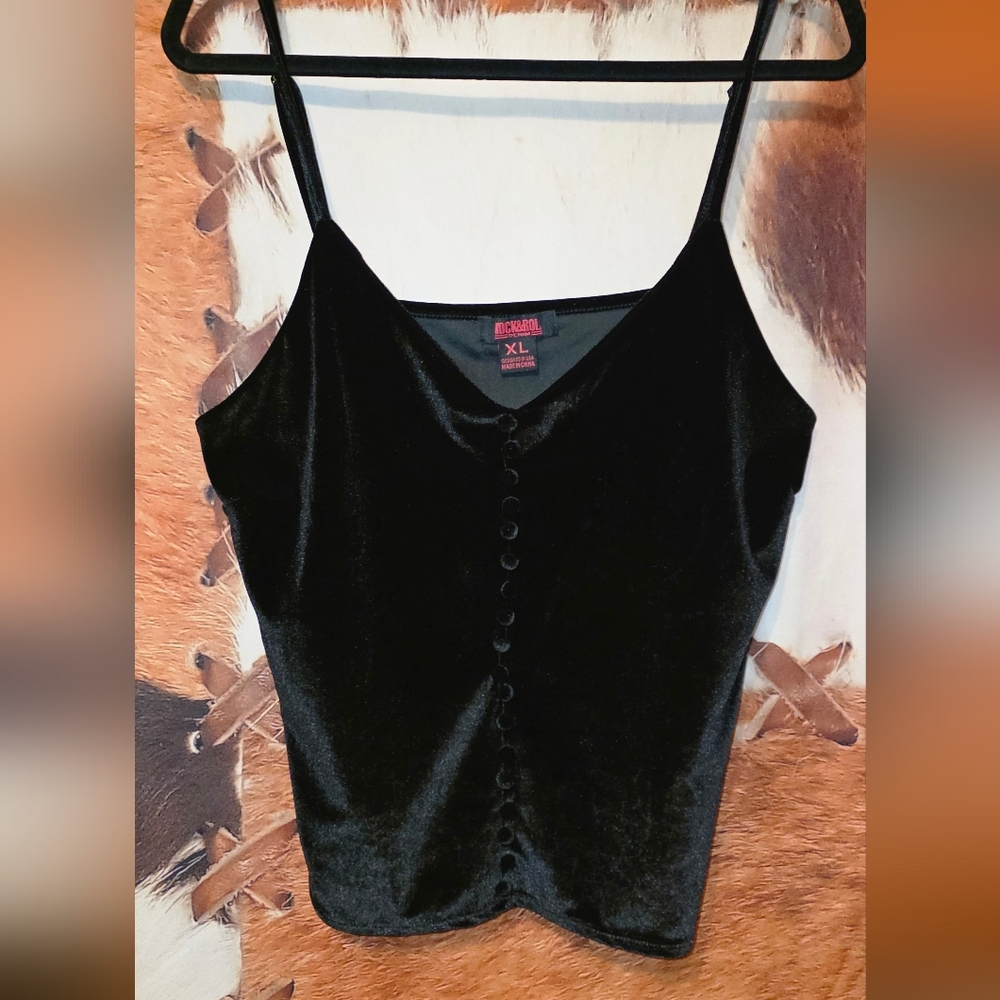Rock & Roll Denim Black Velvet Front Button Tank Top XL